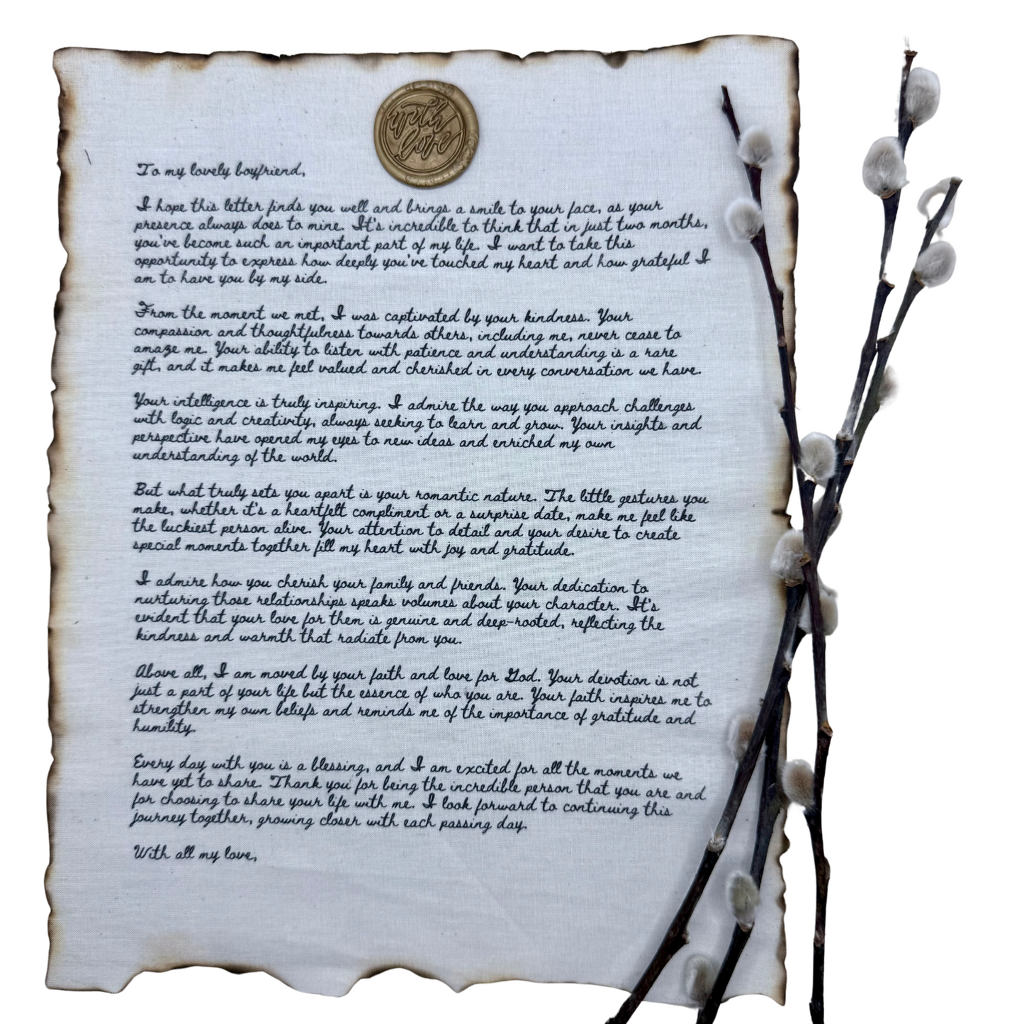 Personalized Fabric Love Letter – Vintage Keepsake with Burnt Edges & Wax Seal, 8.5 x 11 in.
