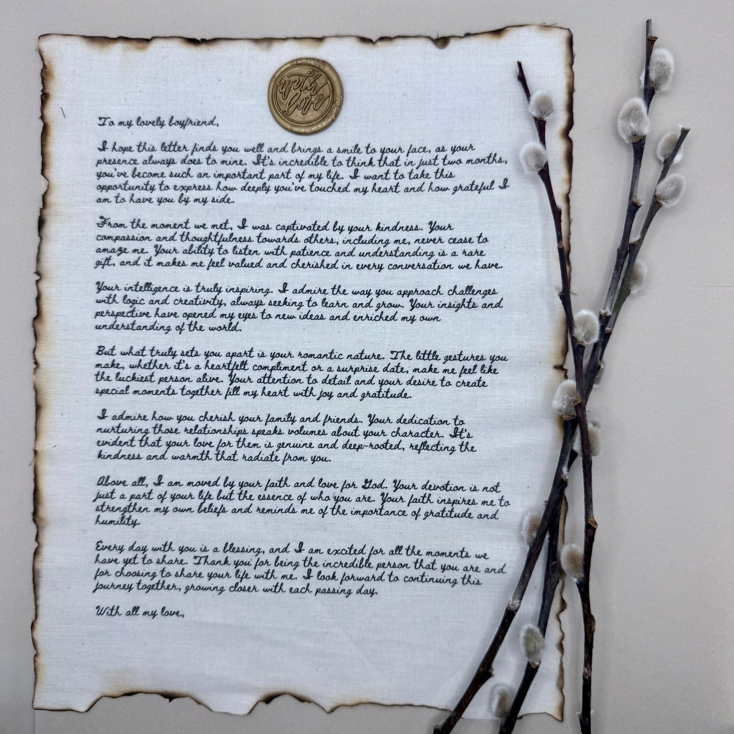 Personalized Fabric Love Letter – Vintage Keepsake with Burnt Edges & Wax Seal, 8.5 x 11 in.