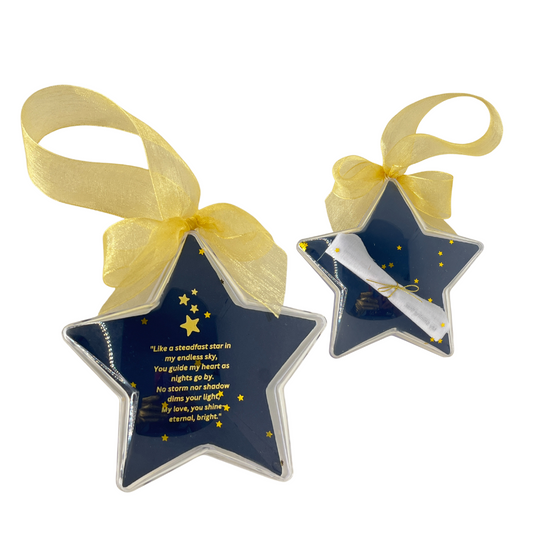 Star-shaped clear PVC ornament custom letter, 4.7 in.- scroll custom letter message