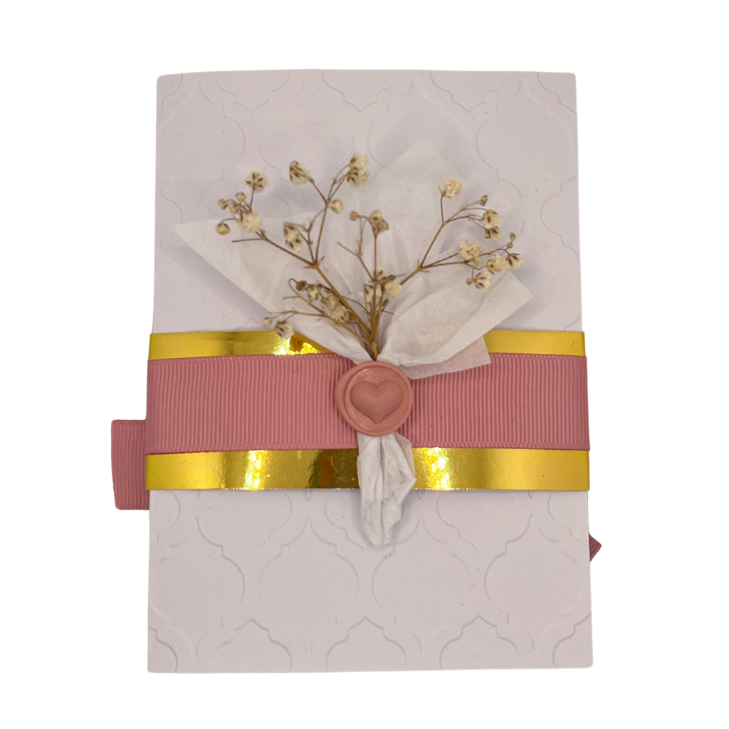 Elegante tarjeta floral rosa y dorada con pan de bebé de 4 x 6 pulgadas