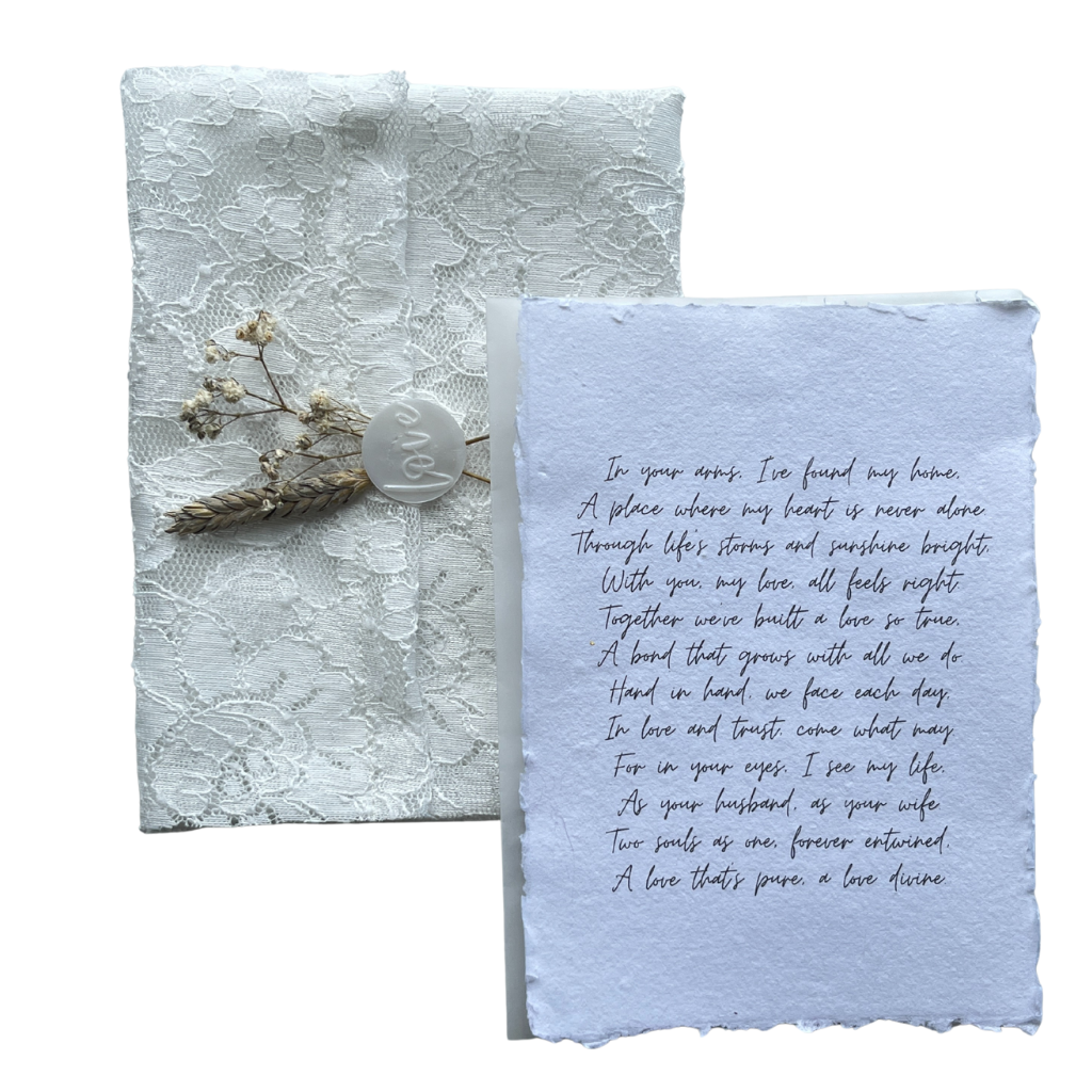 White fabric envelope with letter, 5 x 7 in.