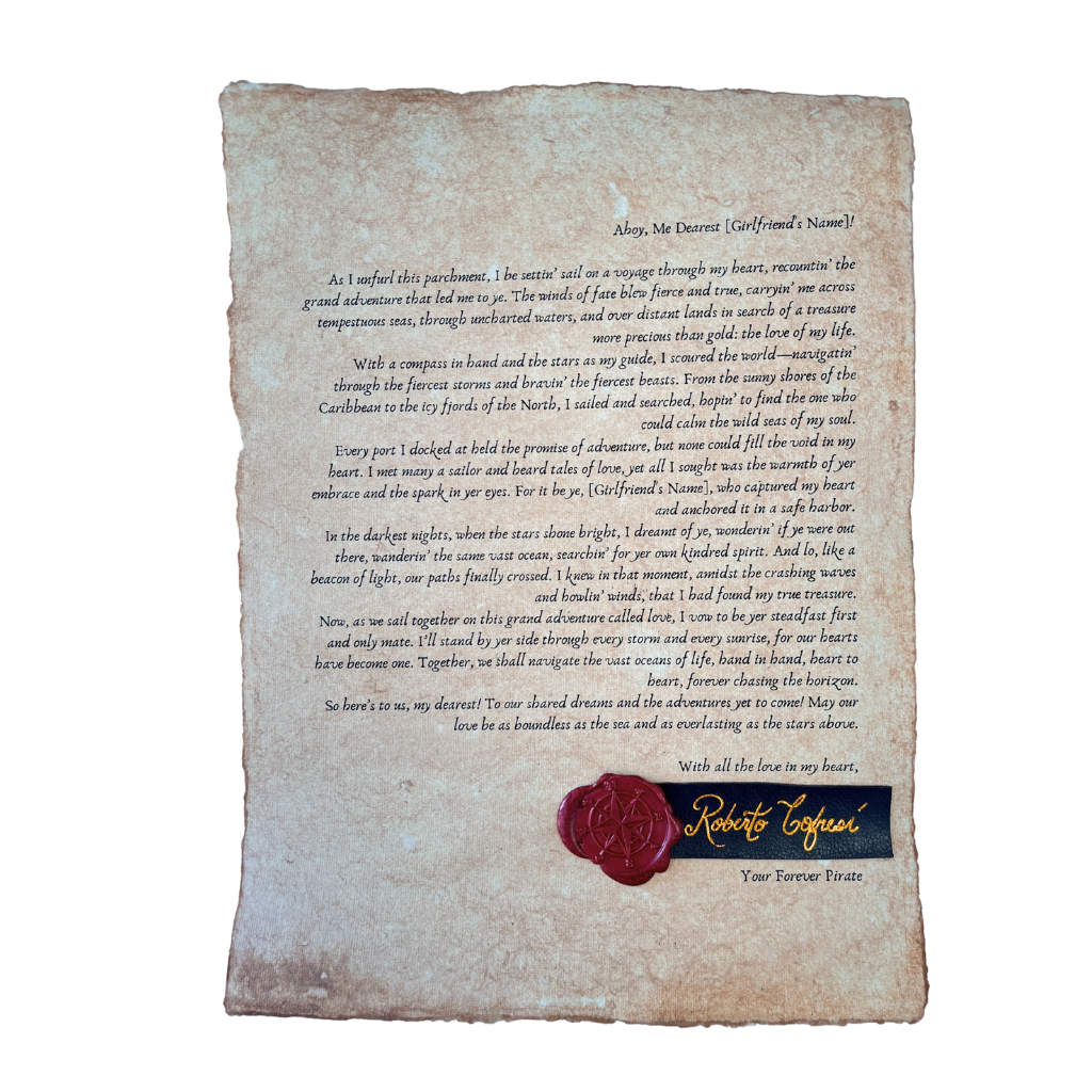 Pirate Love Letter – Personalized Vintage Scroll with Wax Seal & Gold Foil Signature, 8.5 x 11 in