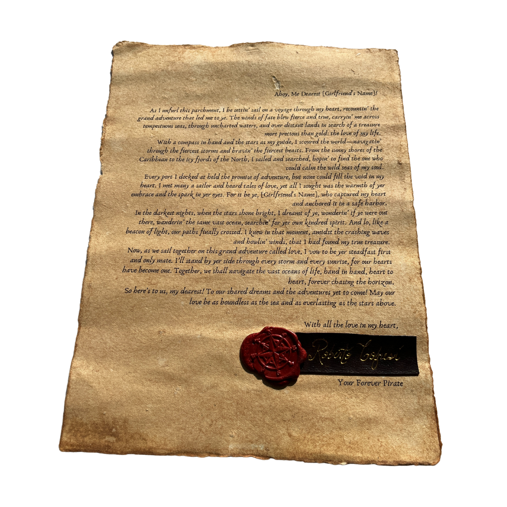 Pirate Love Letter – Personalized Vintage Scroll with Wax Seal & Gold Foil Signature, 8.5 x 11 in