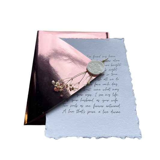 Luxury 5x7 Handmade Letter with pink Mirrored Envelope, Deckle Edge Paper, Wax Seal & Dried Flowers