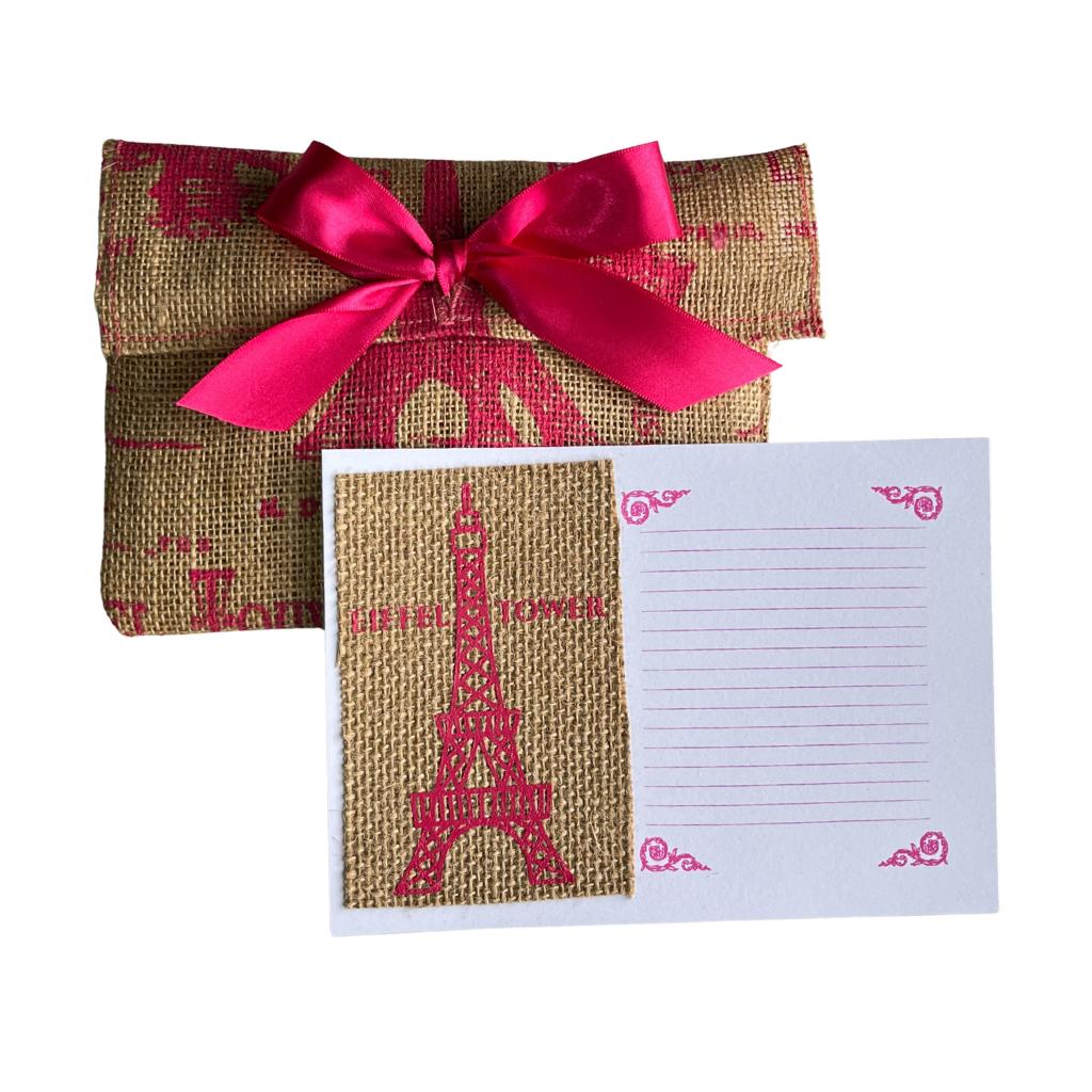 Paris-Inspired 5x7 Card with Burlap Envelope & Pink Satin Bow