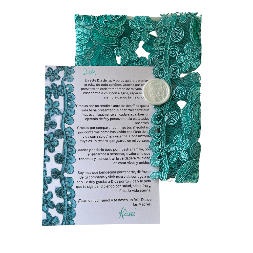 Green lace fabric with letter, 5 x 7 in.