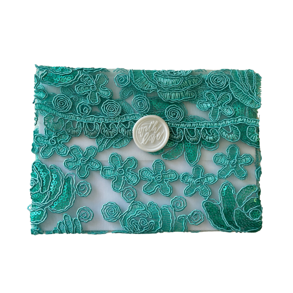 Green lace fabric with letter, 5 x 7 in.
