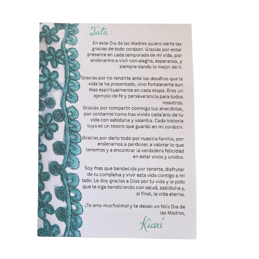 Green lace fabric with letter, 5 x 7 in.