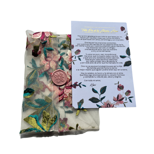 Colored flowers fabric envelope with letter, 5 x 7 in.