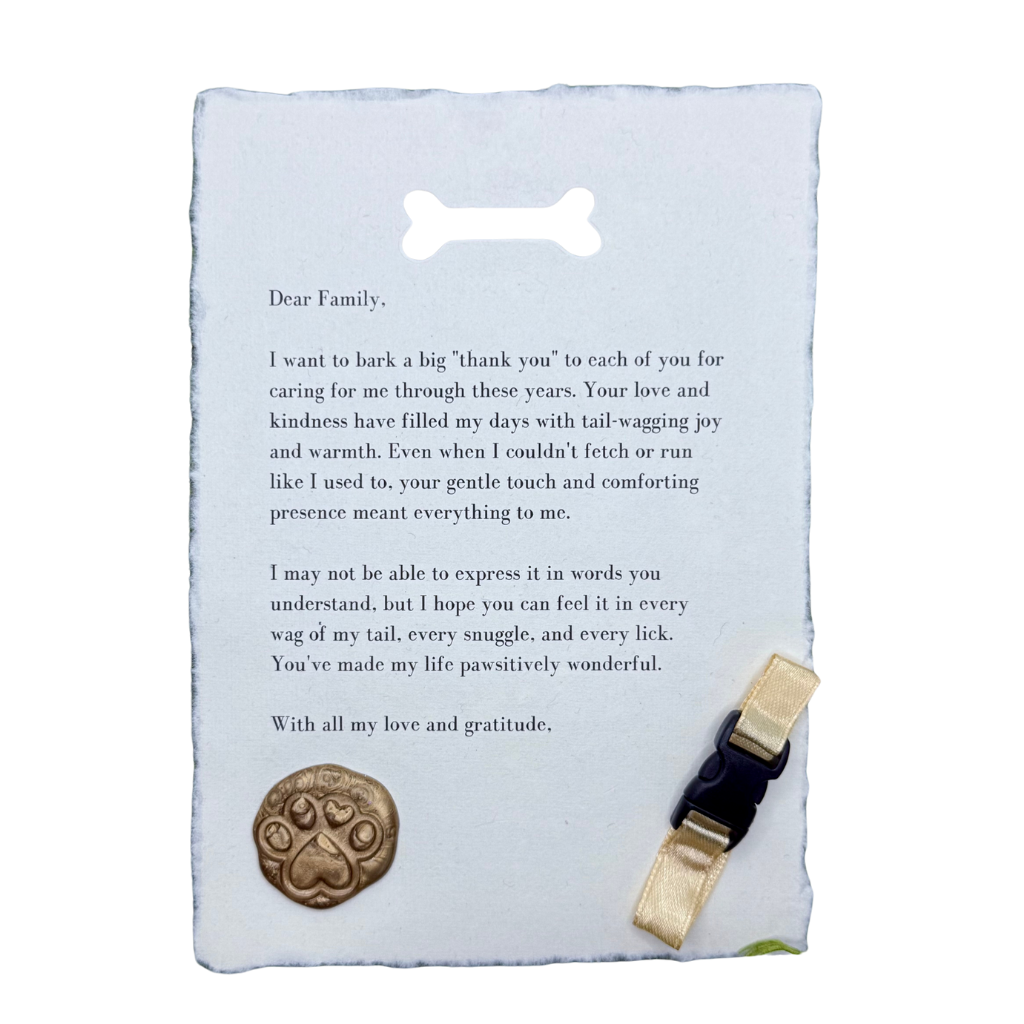 A final love letter from your dog. Dog Memorial Letter Keepsake | Pet Loss Gift | Personalized Tribute 5 x7 in.