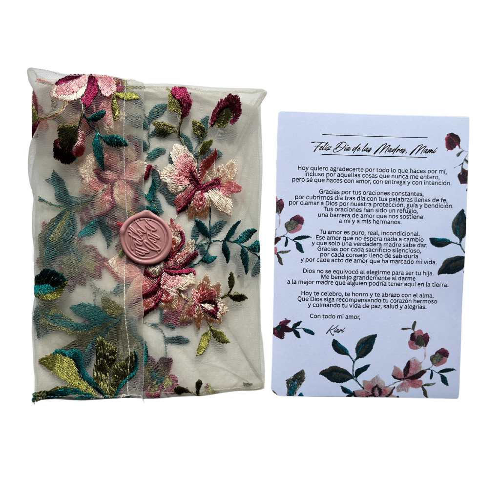 Colored flowers fabric envelope with letter, 5 x 7 in.