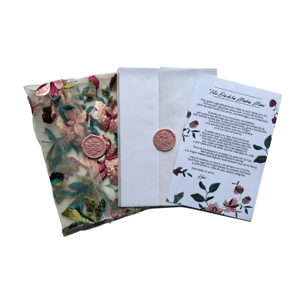 Colored flowers fabric envelope with letter, 5 x 7 in.